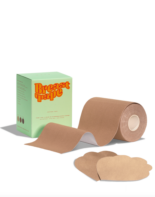 AISO Bryst tape 10cm i farven Nilla kommer i en grøn æske. Den perfekte alternative bh løsning. Kommer med 6 styks nipple covers.