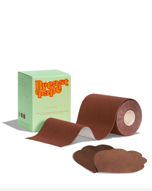 AISO Breast tape 10cm. Perfekt til dig med en d/dd skål og større. Kommer i en fin grøn æske og 3 par nipple covers. I farven cholo